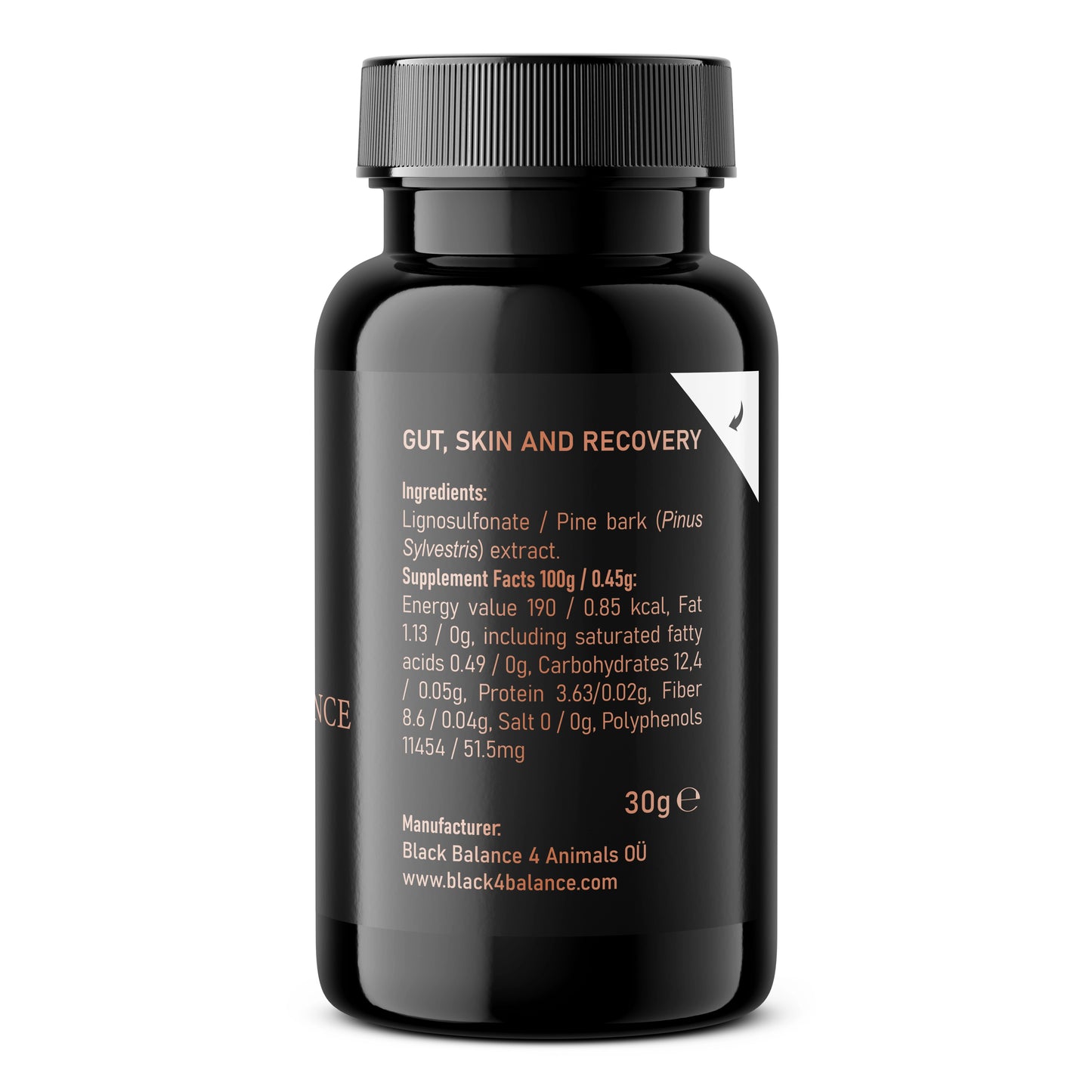 The opposite side of the same black supplement bottle, showing detailed product information. The label describes the supplement as rich in fulvic acid, polyphenols, and antioxidants for gut microbiome, skin wellbeing, and recovery. It is lactose-free, gluten-free, and GMO-free, and includes suggested usage instructions for different animal sizes, mixing directions, and external application guidance. A barcode and batch information are also visible.