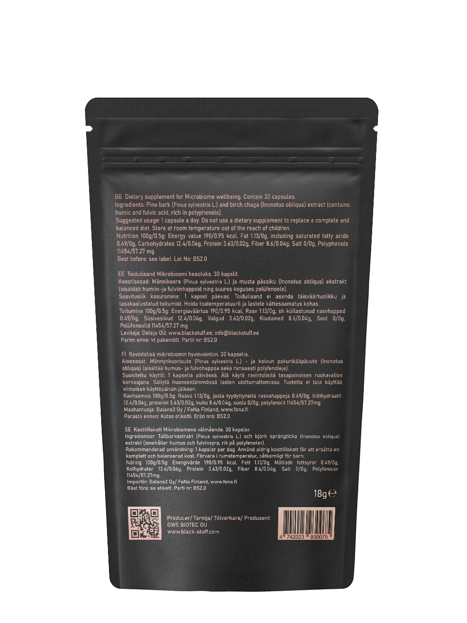 Black packaging with text and QR code on a white background
