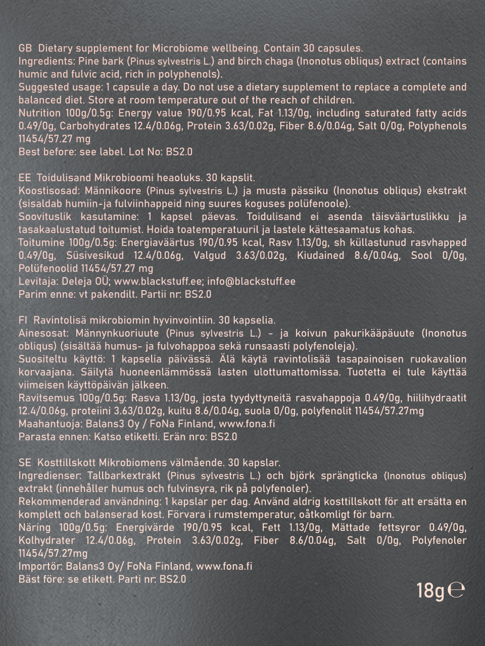 Nutritional label for a dietary supplement with text and product details.