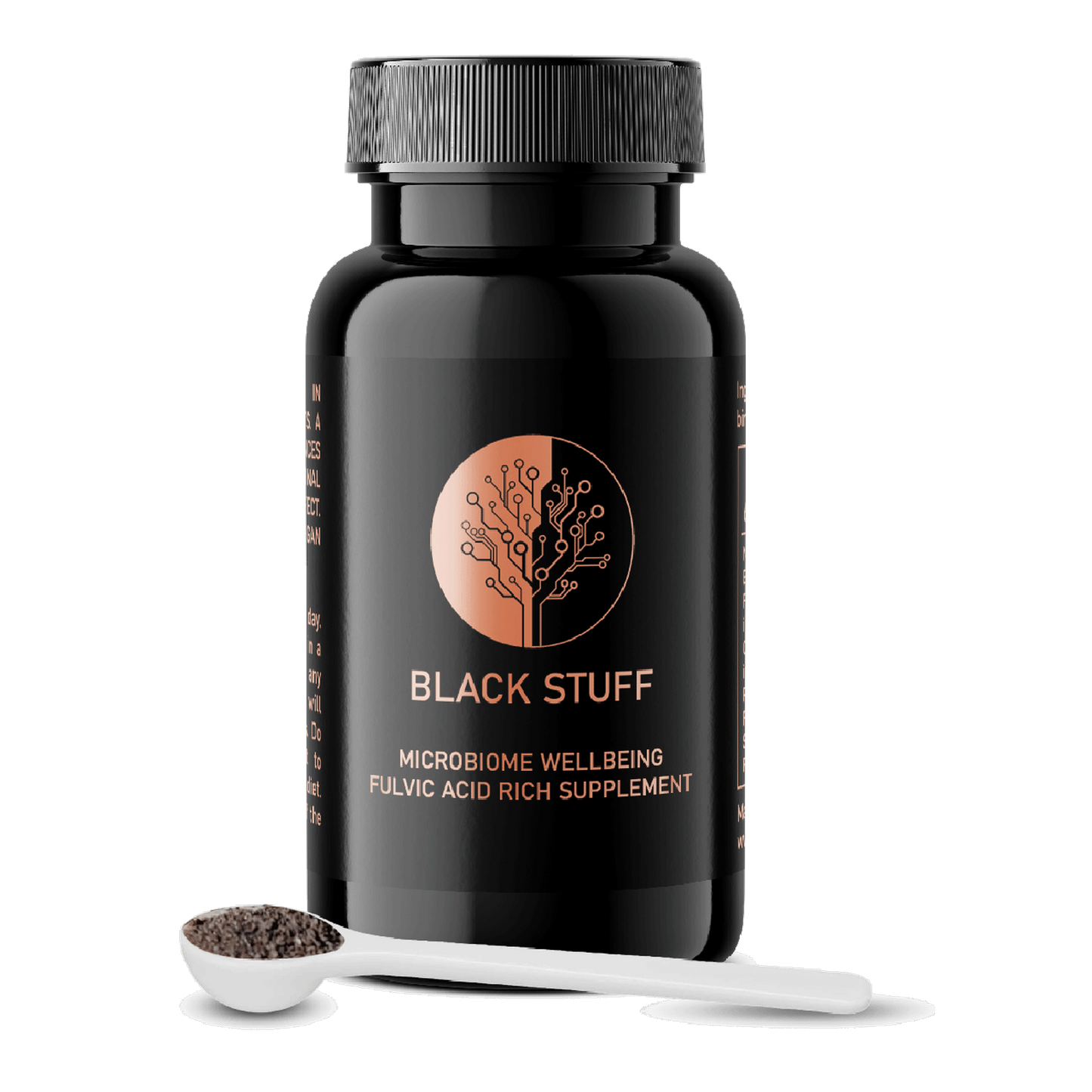 A black bottle labeled 'BLACK STUFF' with a gold tree logo, alongside a white dosing scoop filled with black powder.