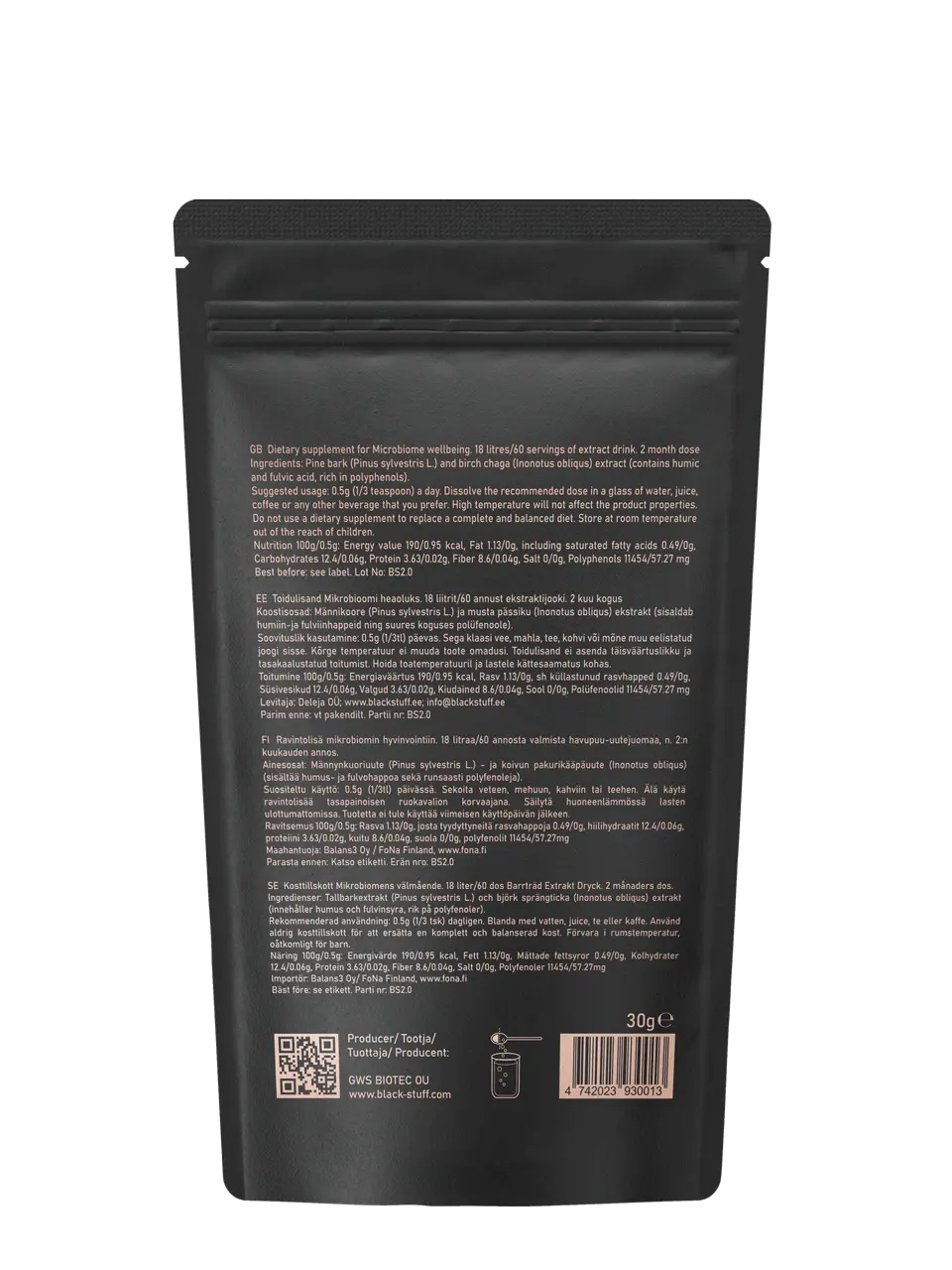 The back of a black resealable pouch displaying product information for a dietary supplement. The text includes usage instructions, nutritional information, ingredients (pine bark and birch chaga extract), and details in English, Estonian, Finnish, and Swedish. There is a QR code, barcode, and icons indicating the product's weight (30g) and storage instructions.