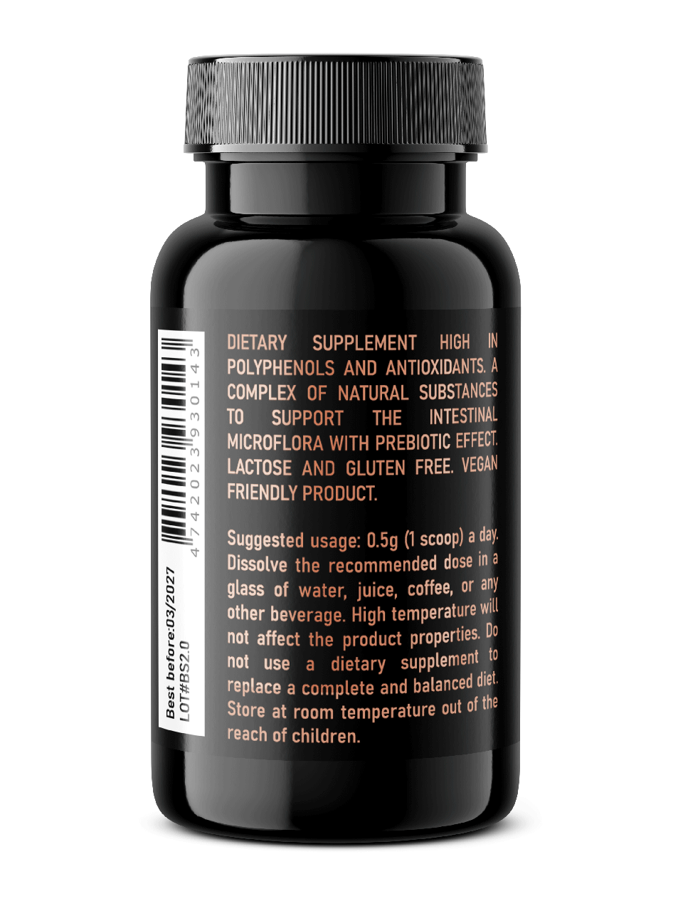 Image of the Black Stuff 30 day supplement bottle, featuring a sleek black design with the Black Stuff logo prominently displayed on the label.