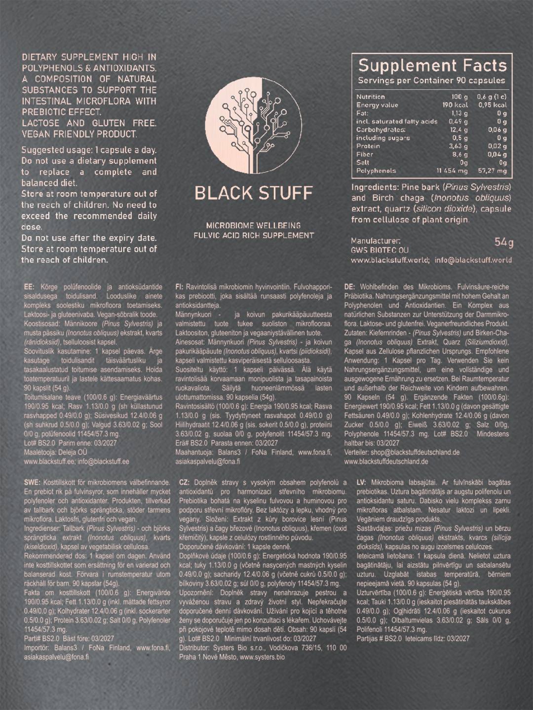 The back of a "BLACK STUFF" dietary supplement package featuring product details in English, Estonian, Finnish, Swedish, Czech, German, and Latvian. The text highlights the supplement’s high polyphenol and antioxidant content, usage instructions, nutritional information per 100g and per capsule, ingredient list (pine bark, birch chaga extract, silicon dioxide, plant-based capsule), storage instructions, manufacturer and distributor details, and a circular logo with a stylized tree at the center