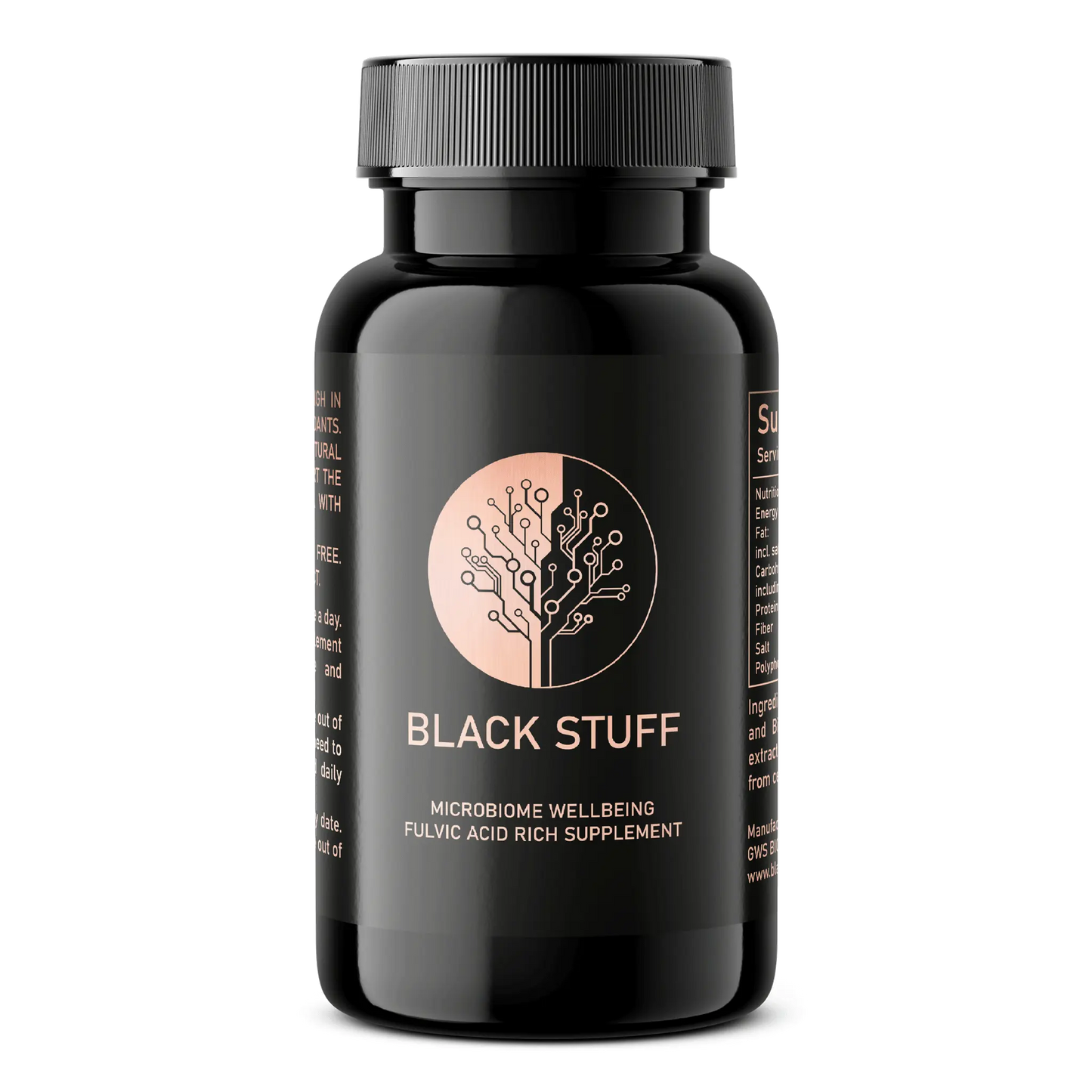 A black plastic bottle with a black screw cap labeled "BLACK STUFF." The label features a copper-colored circular logo resembling a stylized tree made of circuit lines and includes the text "MICROBIOME WELLBEING FULVIC ACID RICH SUPPLEMENT."