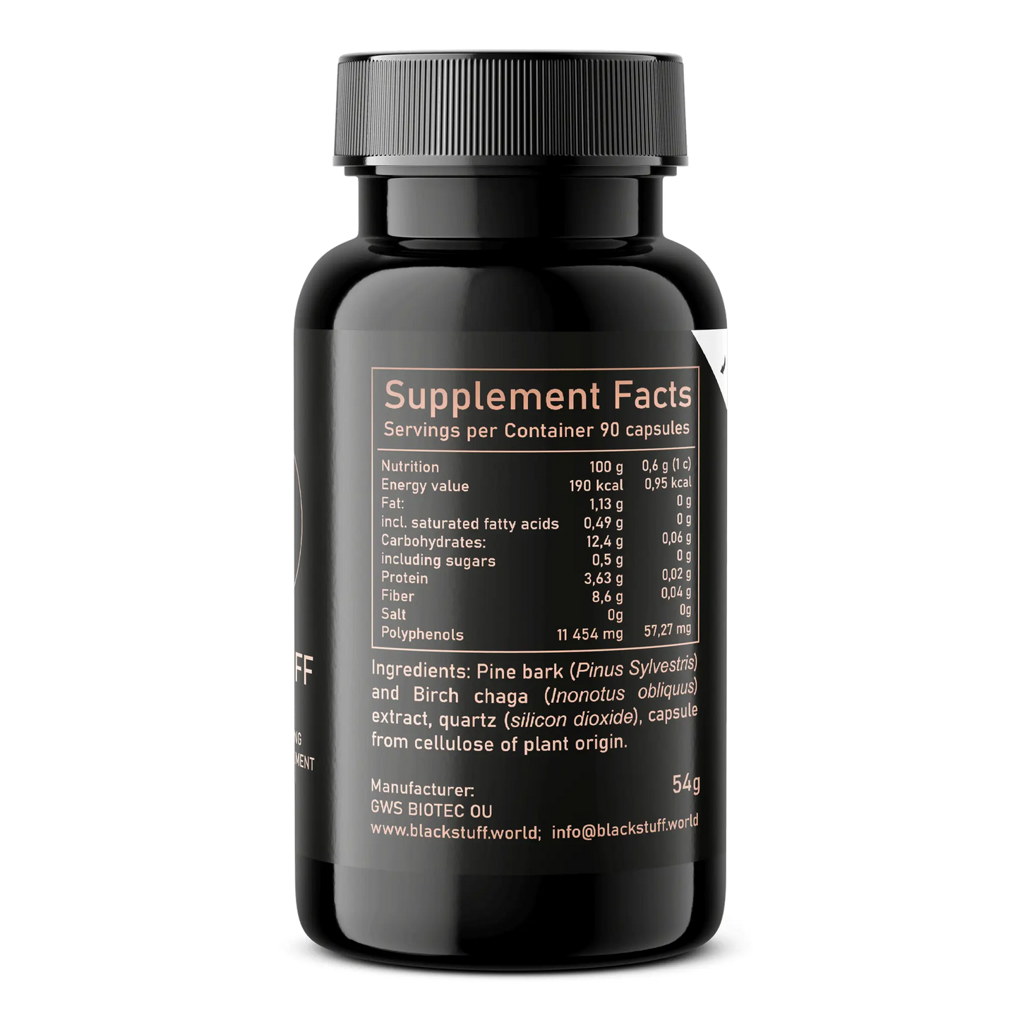 The back of a black dietary supplement bottle displaying the "Supplement Facts" panel. The label lists nutritional information per 100g and per capsule, including calories, fat, carbohydrates, protein, fiber, salt, and polyphenols. Ingredients such as pine bark, birch chaga extract, and silicon dioxide are listed, along with manufacturer details and contact information.