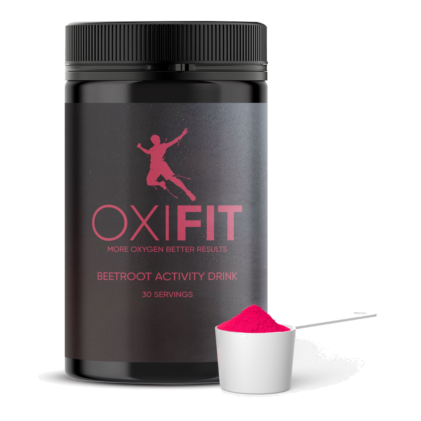 A container of OxiFit beetroot activity drink with a scoop of pink powder in front, indicating the product is a nitrate-rich supplement.