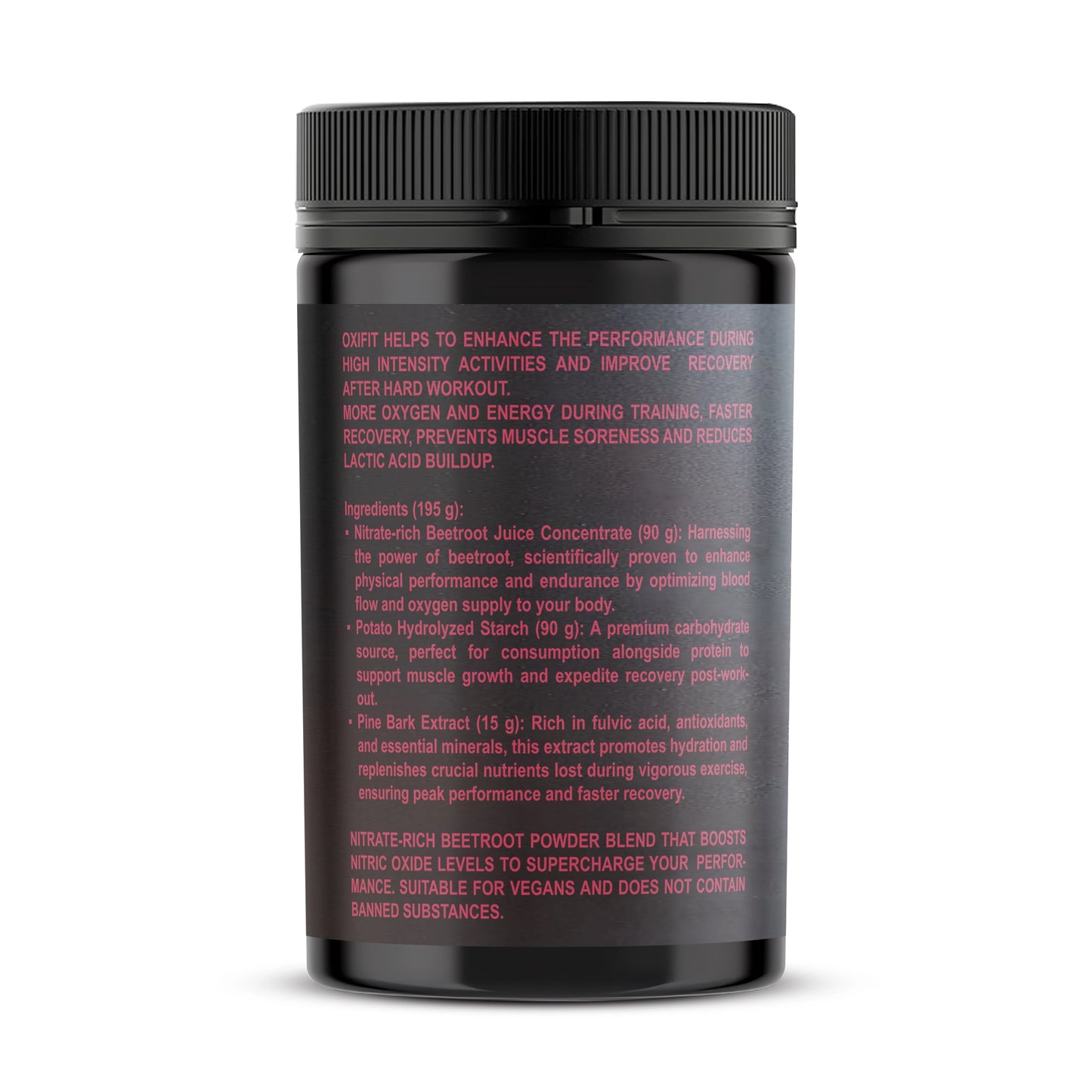 Black supplement container with red Oxyfit product description text on a white background