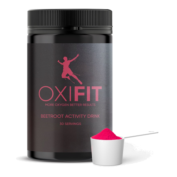 A container of OxiFit beetroot activity drink with a scoop of pink powder in front, indicating the product is a nitrate-rich supplement.