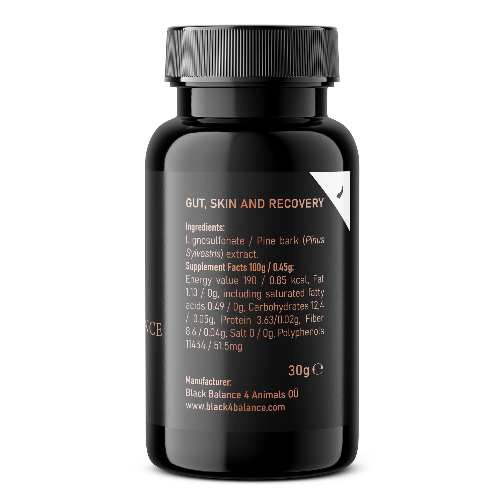 The opposite side of the same black supplement bottle, showing detailed product information. The label describes the supplement as rich in fulvic acid, polyphenols, and antioxidants for gut microbiome, skin wellbeing, and recovery. It is lactose-free, gluten-free, and GMO-free, and includes suggested usage instructions for different animal sizes, mixing directions, and external application guidance. A barcode and batch information are also visible.