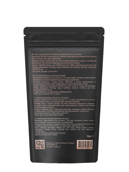 Black packaging with text and QR code on a white background