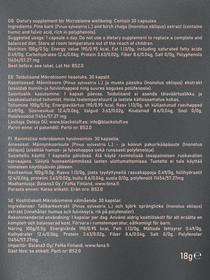 Nutritional label for a dietary supplement with text and product details.