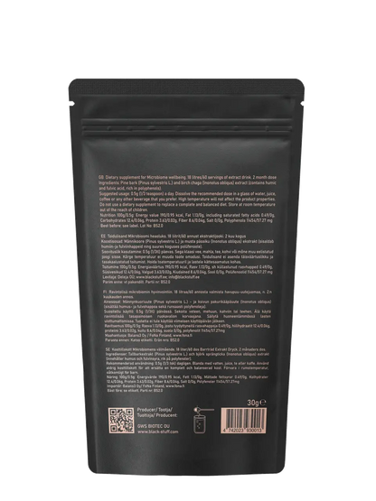The back of a black resealable pouch displaying product information for a dietary supplement. The text includes usage instructions, nutritional information, ingredients (pine bark and birch chaga extract), and details in English, Estonian, Finnish, and Swedish. There is a QR code, barcode, and icons indicating the product's weight (30g) and storage instructions.