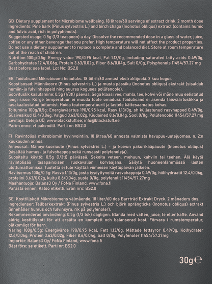 The back of a dietary supplement pouch displaying detailed product information in English, Estonian, Finnish, and Swedish. The text includes ingredients (pine bark and birch chaga extract), suggested usage instructions, nutritional values per 100g and per 0.5g serving, storage advice, best before and batch number, as well as importer and distributor details. The bottom right corner shows the net weight, "30g" 
