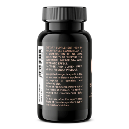 A black plastic bottle with a black screw cap labeled as a dietary supplement. The label text highlights that the supplement is high in polyphenols and antioxidants, supports intestinal microflora with a prebiotic effect, and is lactose-free, gluten-free, and vegan-friendly. Suggested usage, storage instructions, and a barcode are also visible on the label.