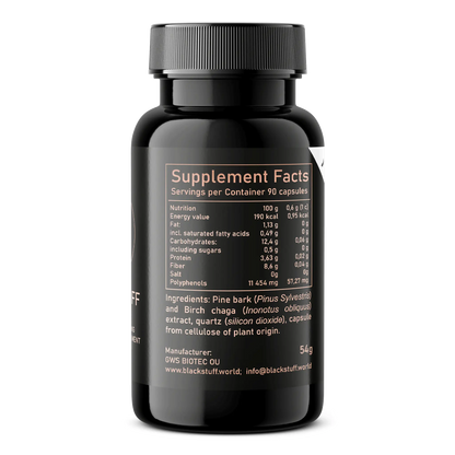 The back of a black dietary supplement bottle displaying the "Supplement Facts" panel. The label lists nutritional information per 100g and per capsule, including calories, fat, carbohydrates, protein, fiber, salt, and polyphenols. Ingredients such as pine bark, birch chaga extract, and silicon dioxide are listed, along with manufacturer details and contact information.