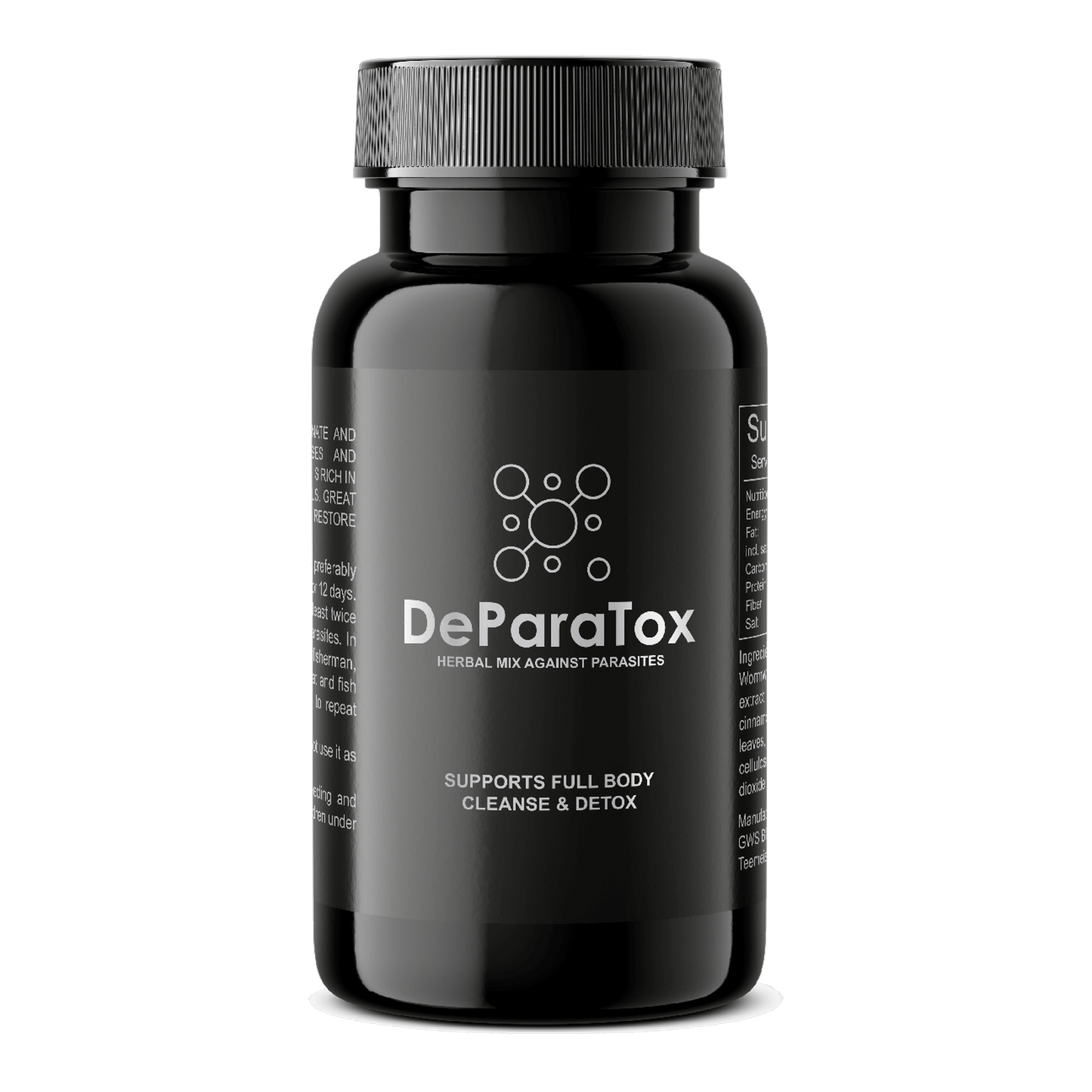 A black bottle of DeParaTox parasite cleanse supplement with product details and branding on the label.