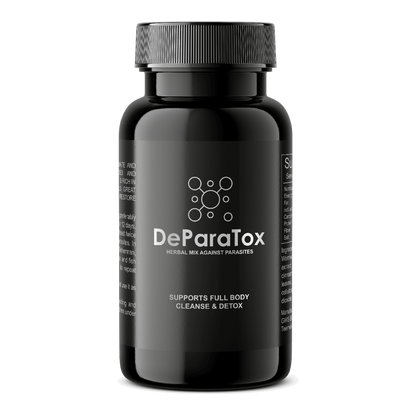A black bottle of DeParaTox parasite cleanse supplement with product details and branding on the label.