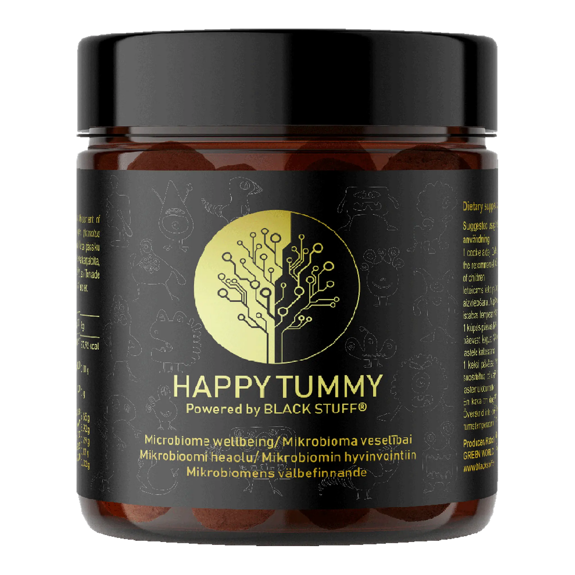 A dark brown plastic jar with a black lid labeled "HAPPY TUMMY Powered by BLACK STUFF." The label features a gold circular logo with a stylized tree made of circuit lines, and text in multiple languages indicating the product supports microbiome wellbeing. The jar is partially transparent, showing round capsules inside.