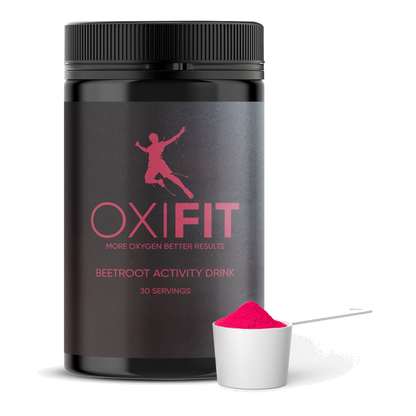 A container of OxiFit beetroot activity drink with a scoop of pink powder in front, indicating the product is a nitrate-rich supplement.