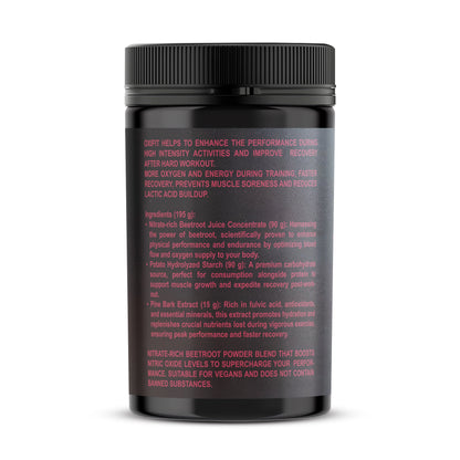 Black supplement container with red Oxyfit product description text on a white background
